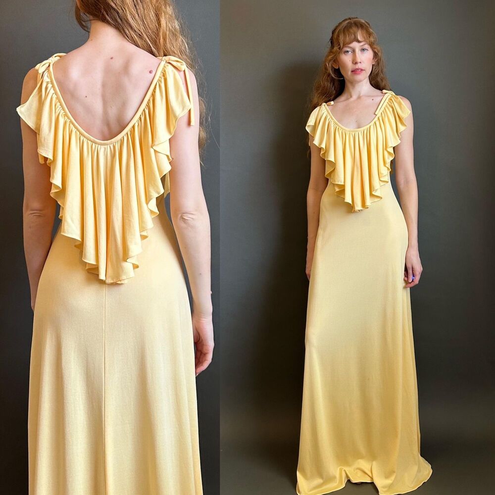 Vintage 1970s Grecian Scooping Neckline Maxi Dress, XS small